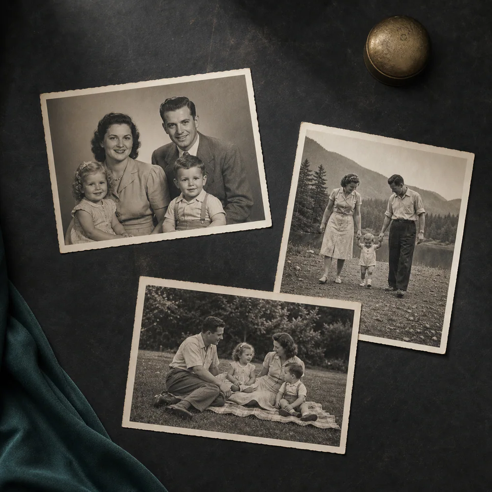 Tres fotografías familiares antiguas sobre una mesa de restauración