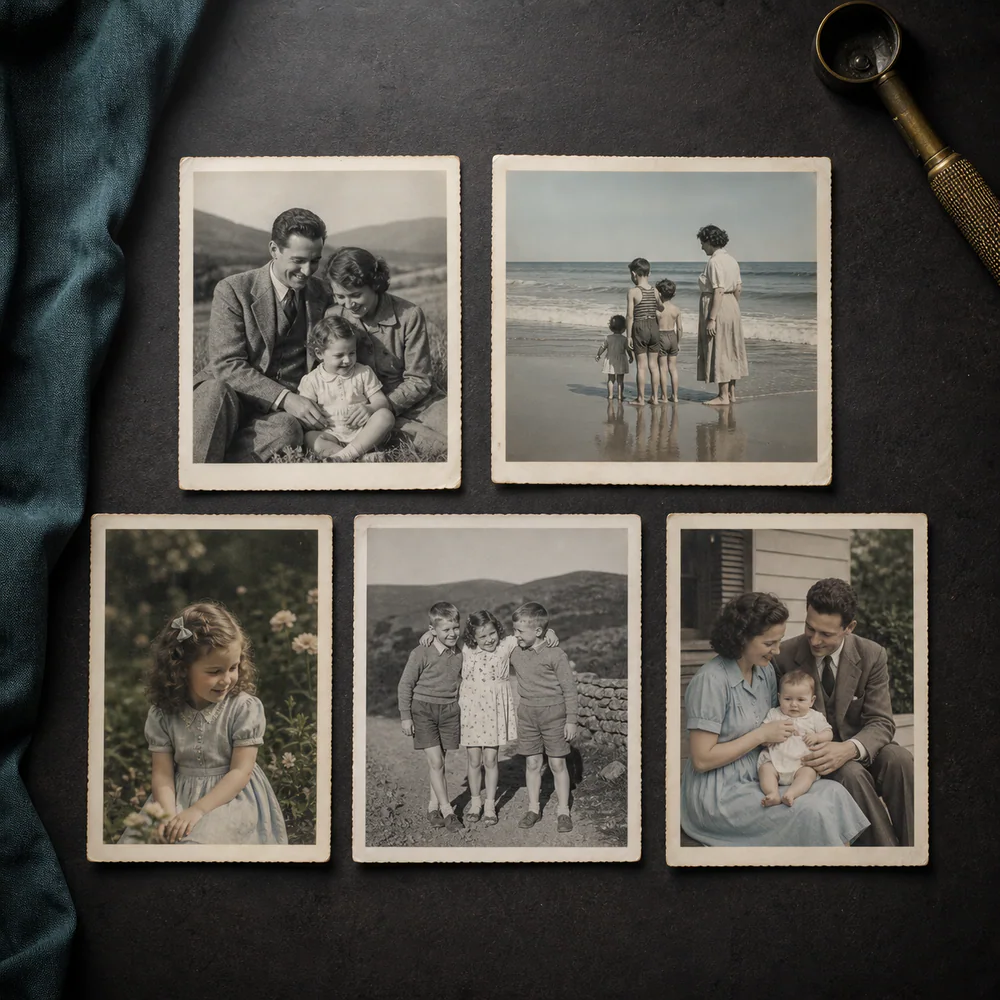 Cinco fotografías familiares antiguas sobre una mesa de restauración