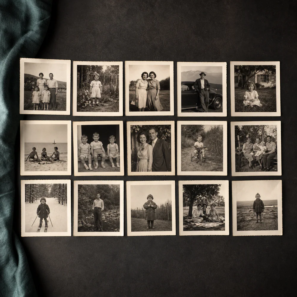Quince fotografías familiares antiguas sobre una mesa de restauración