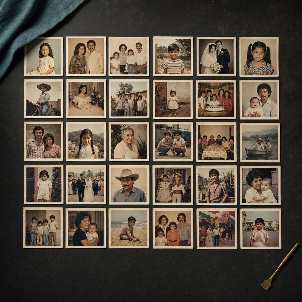 Treinta fotografías familiares antiguas sobre una mesa de restauración